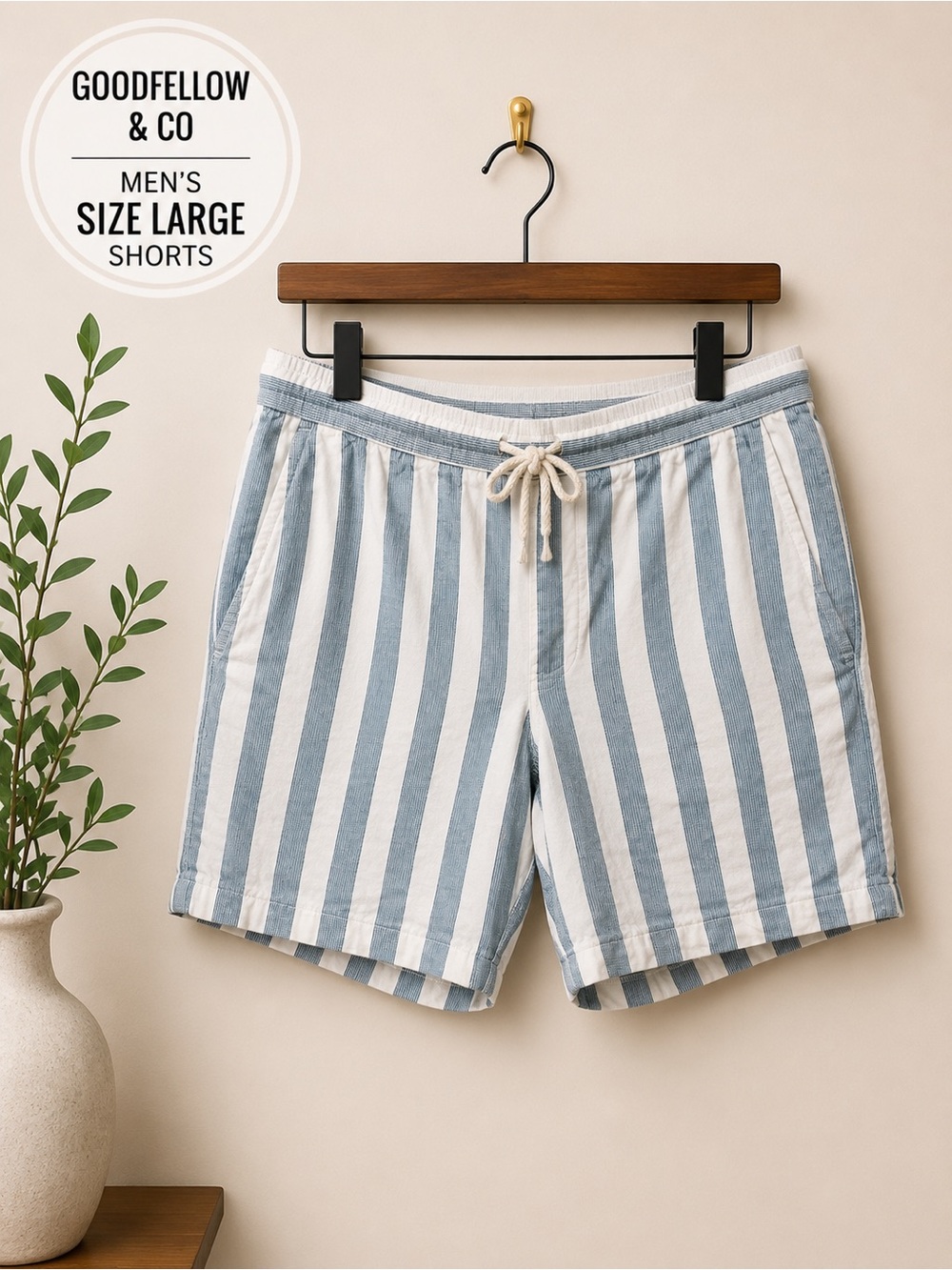 Goodfellow & Co Men's Blue and White Vertical Stripe Drawstring Shorts